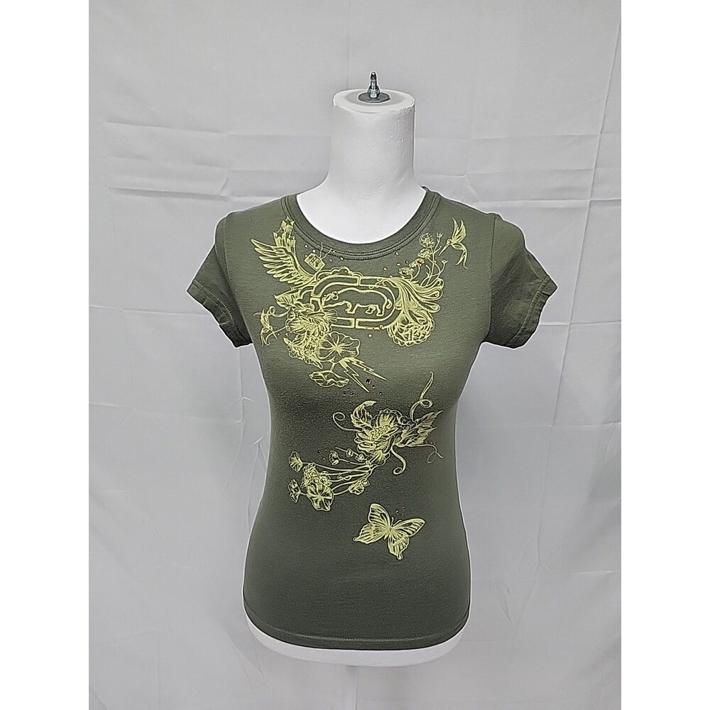 EckoRed Rhino Green Floral Crystal Studded Graphic T Shirt Juniors Small
